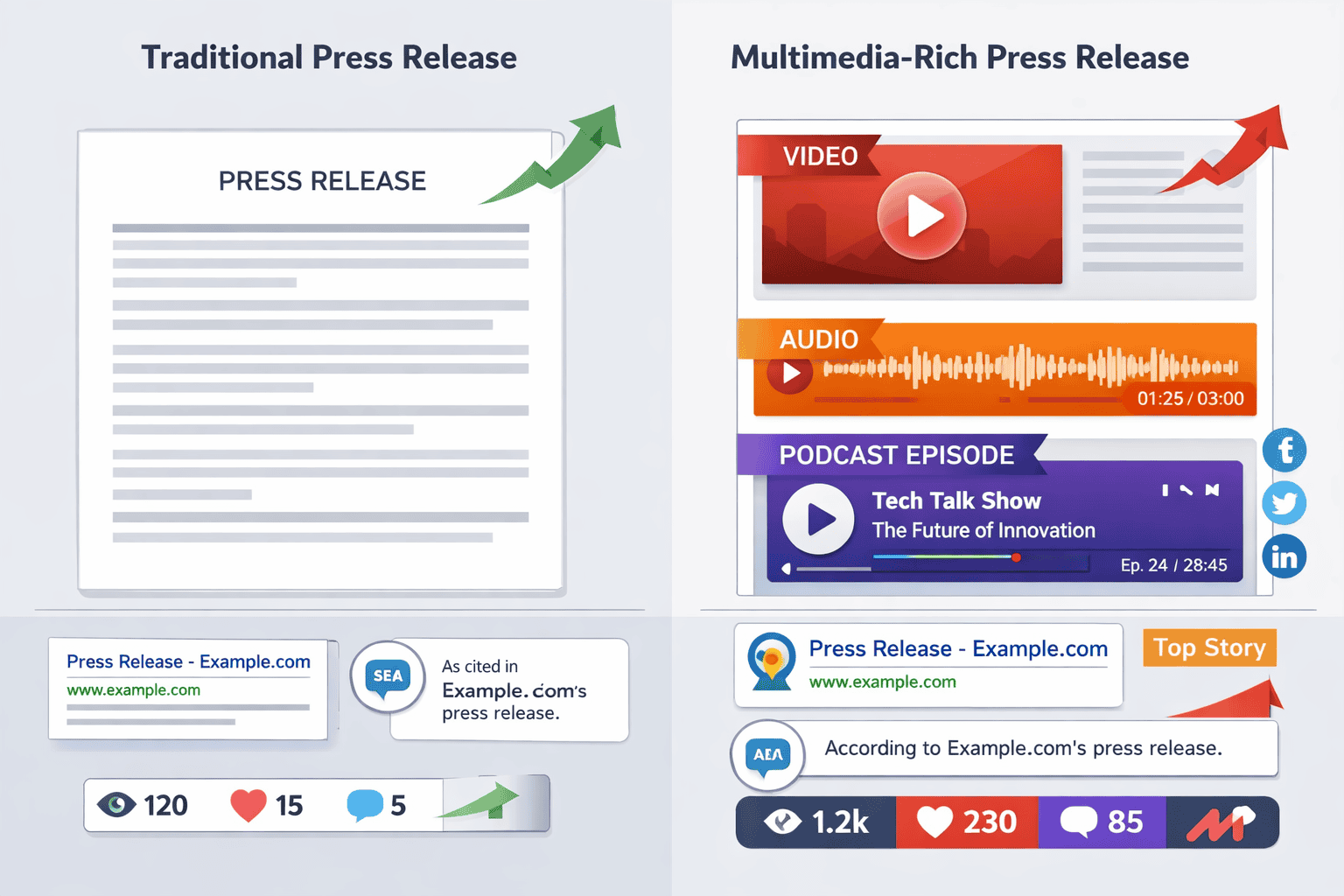 landscape format (1536x1024) detailed illustration showing side-by-side comparison of traditional text-only press release versus multimedia-