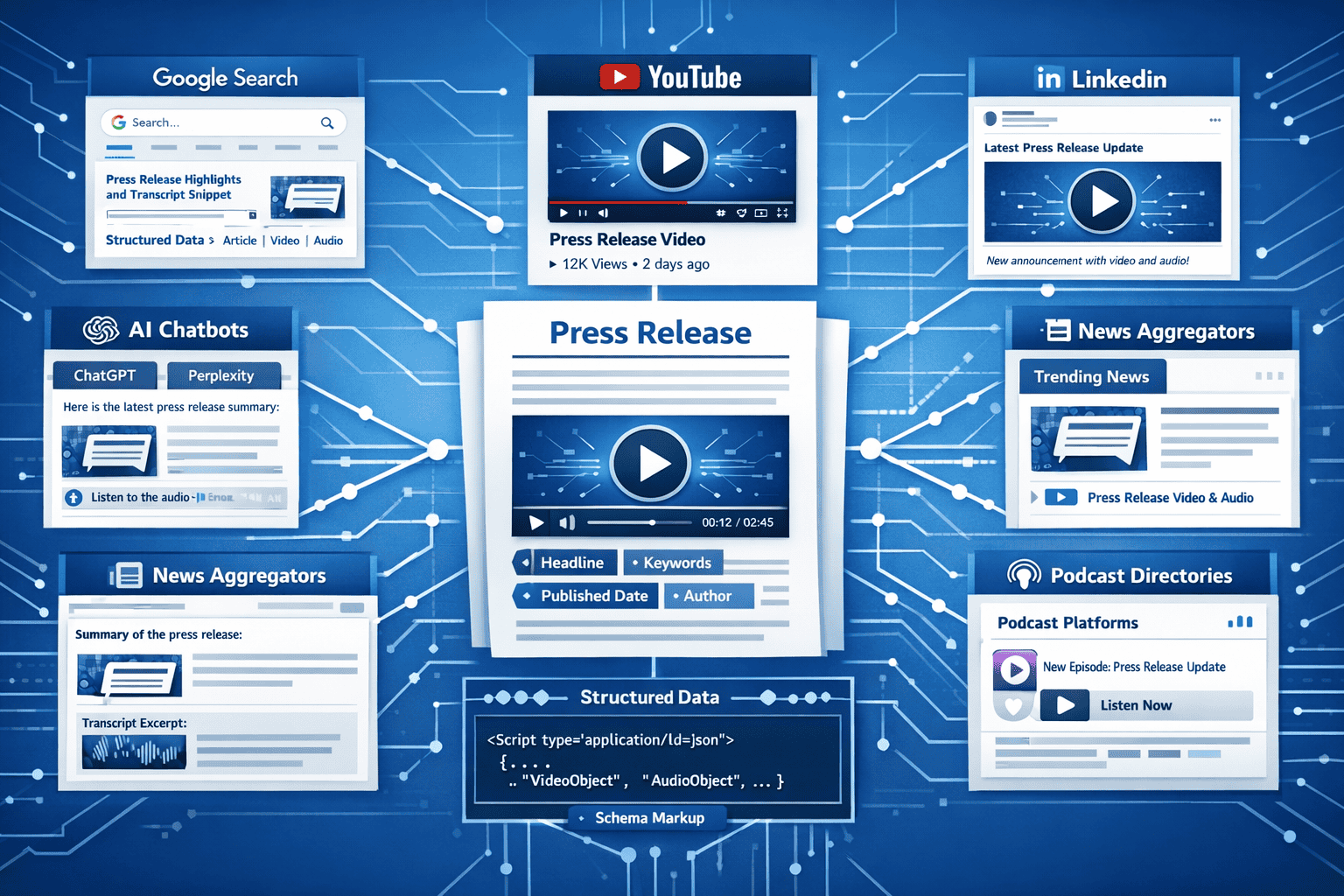 landscape format (1536x1024) technical diagram illustrating the complete ecosystem of multimedia press release distribution across multiple 