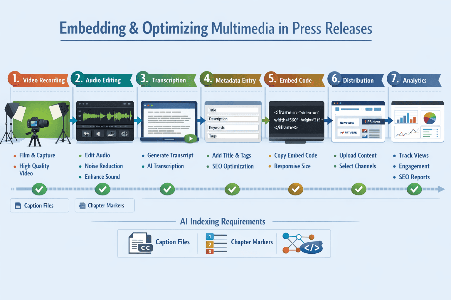landscape format (1536x1024) workflow checklist infographic showing step-by-step process for embedding and optimizing multimedia in press re