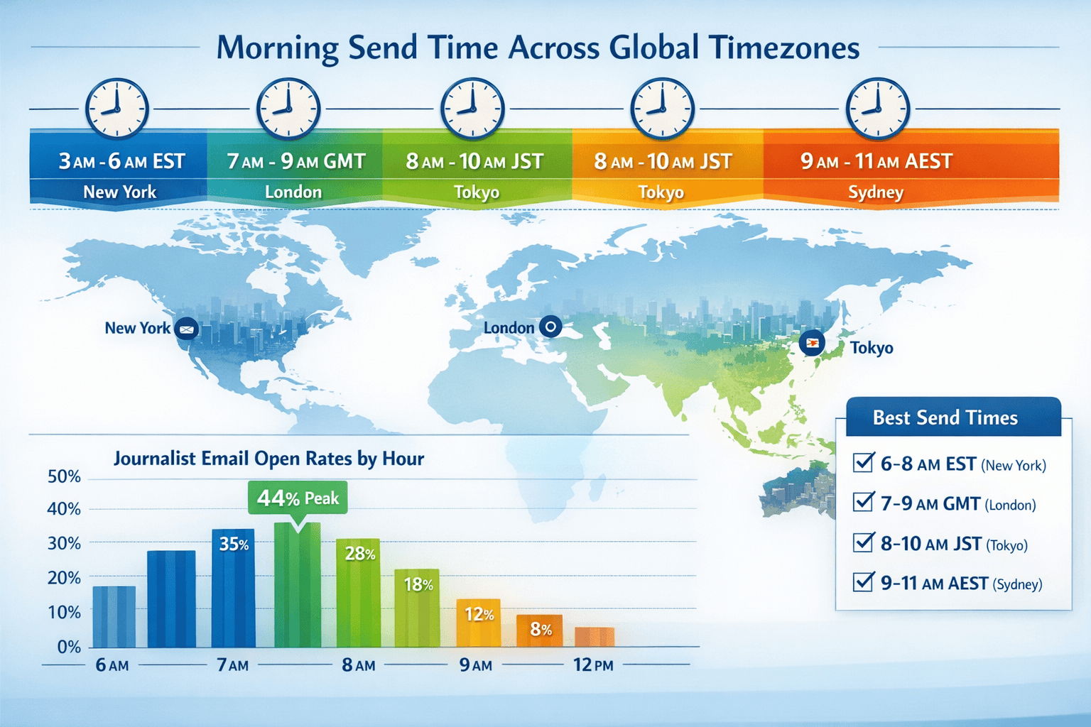 landscape format (1536x1024) infographic showing morning distribution timeline across global timezones. visual elements include: horizontal 