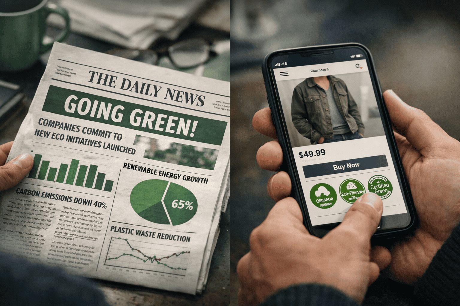 () editorial image showing a split-screen concept: left side displays a newspaper front page with sustainability headlines