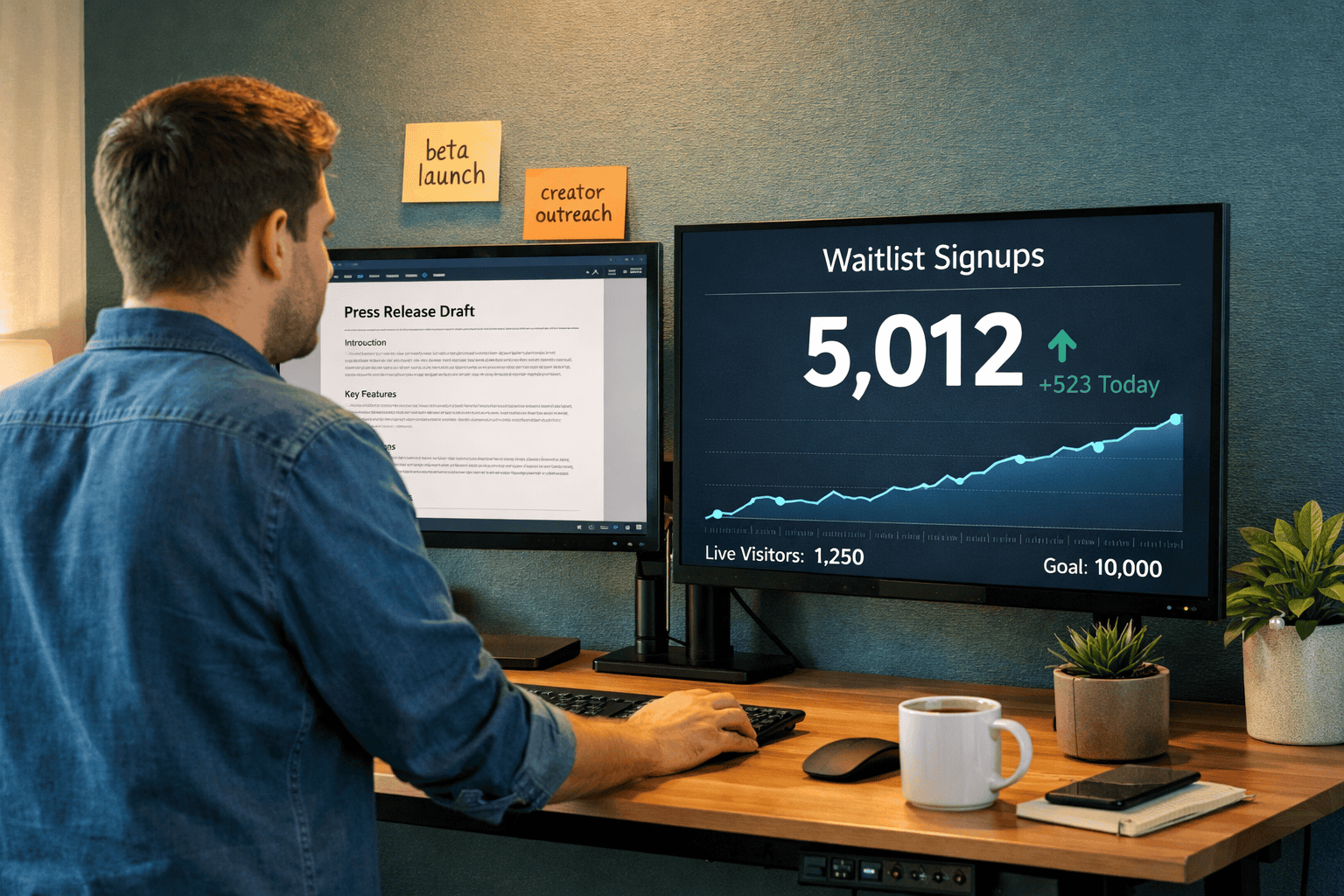() illustration of a saas startup founder at a standing desk reviewing a press release draft on a large monitor, with a