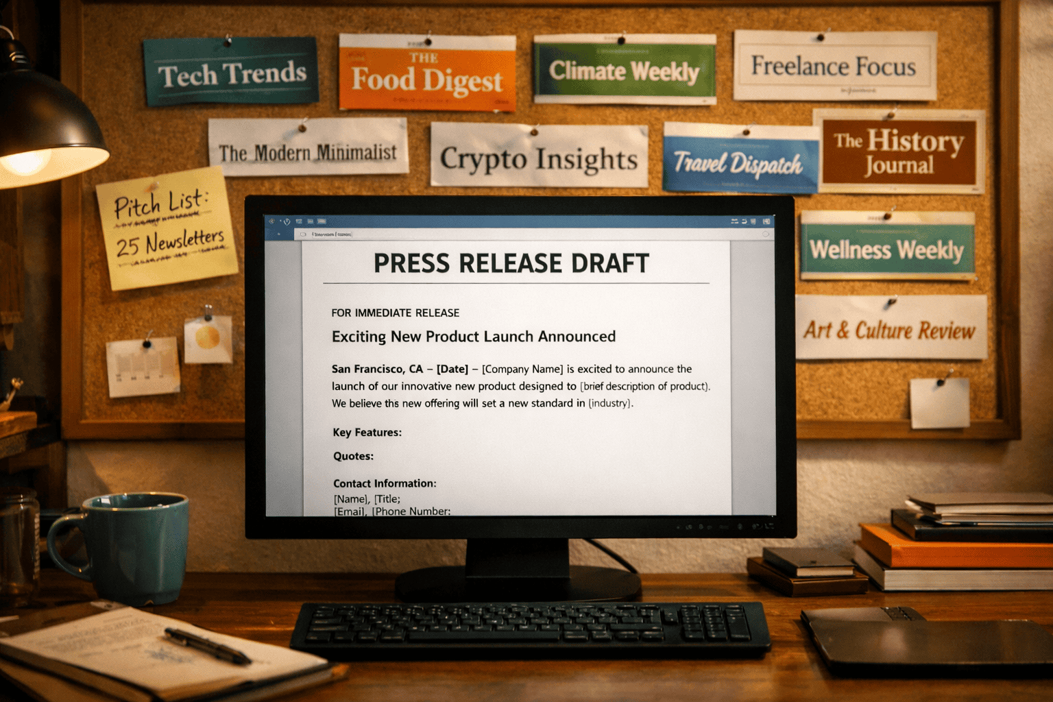 () editorial photo of a creative workspace showing a computer screen with a press release draft open, surrounded by printed