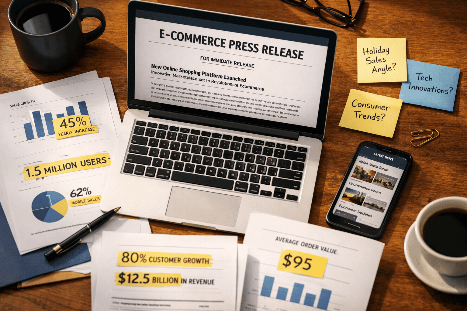 () overhead flat-lay photograph of a journalist's desk with a laptop showing an ecommerce press release, surrounded by
