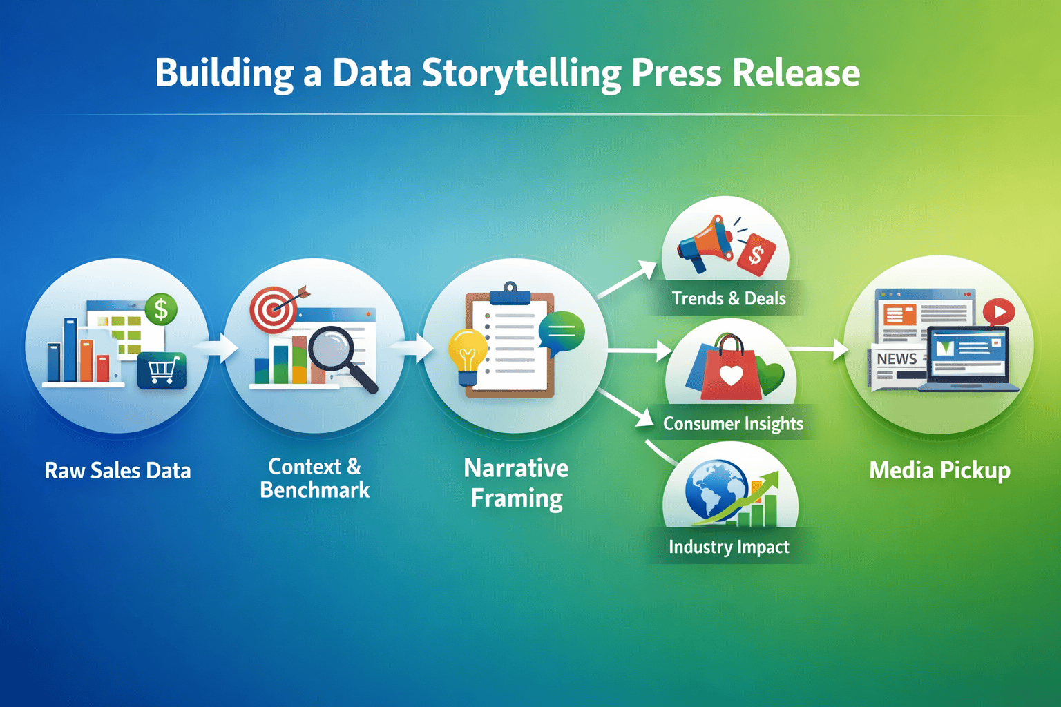 () conceptual infographic-style illustration showing a step-by-step process flow for building a data storytelling press