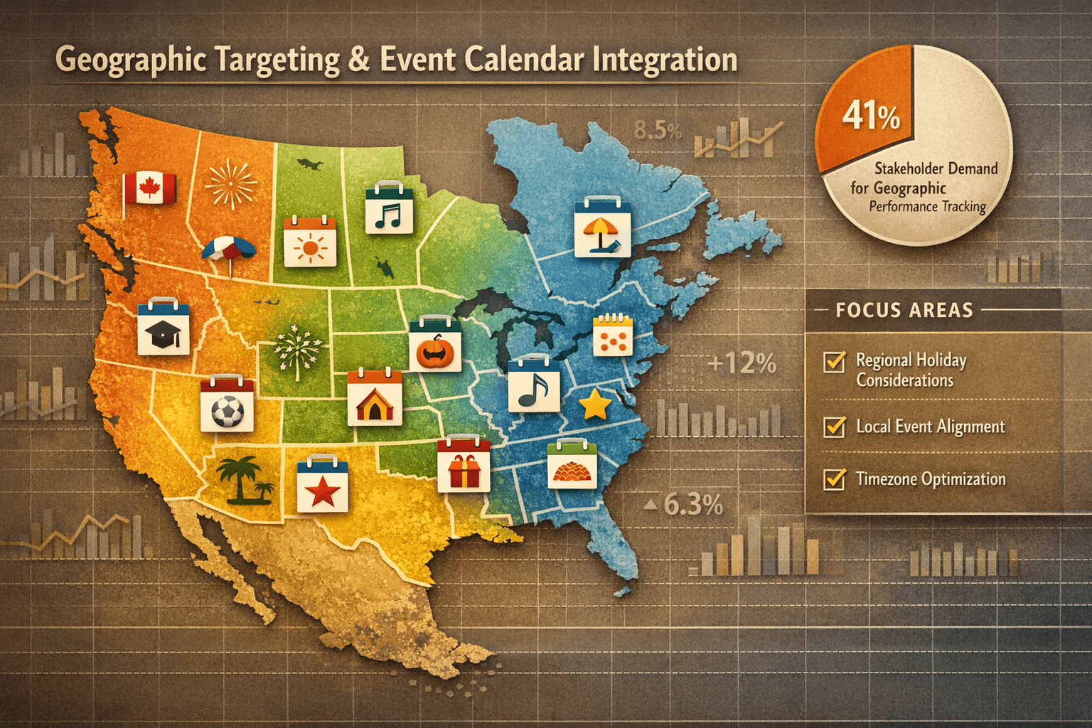landscape format (1536x1024) geographic targeting map showing regional event calendar integration. main visual: north america map with highl