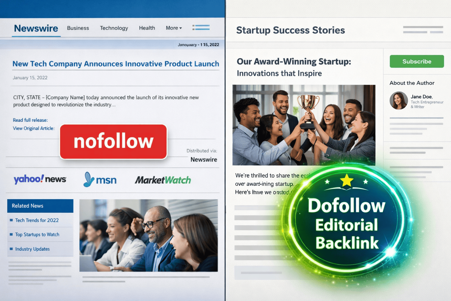 () split-screen comparison image: left half shows a traditional press release on a newswire website with generic syndicated