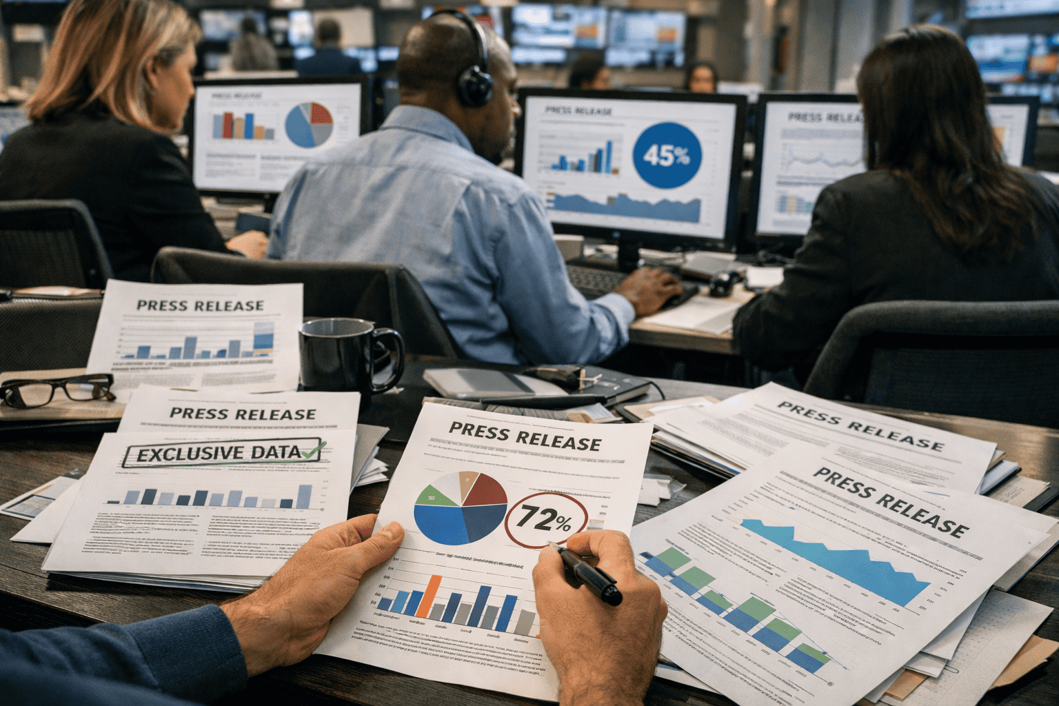 () photograph-style image of a diverse group of journalists in a modern newsroom, several looking at their screens showing