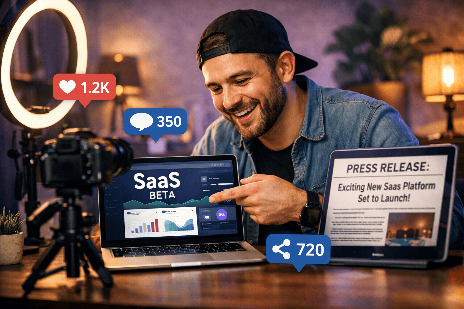 () dynamic scene of a content creator filming an unboxing-style preview video of a saas product beta on a laptop screen,
