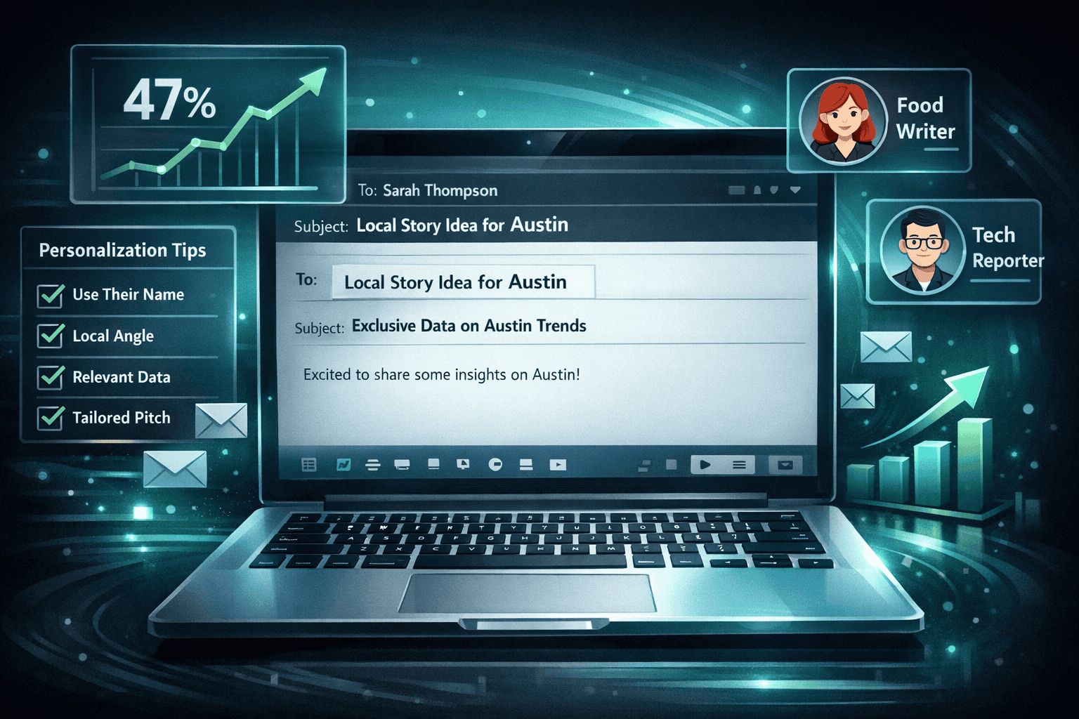 () dynamic illustration of a personalized email being composed on a modern laptop screen, with visible elements including a