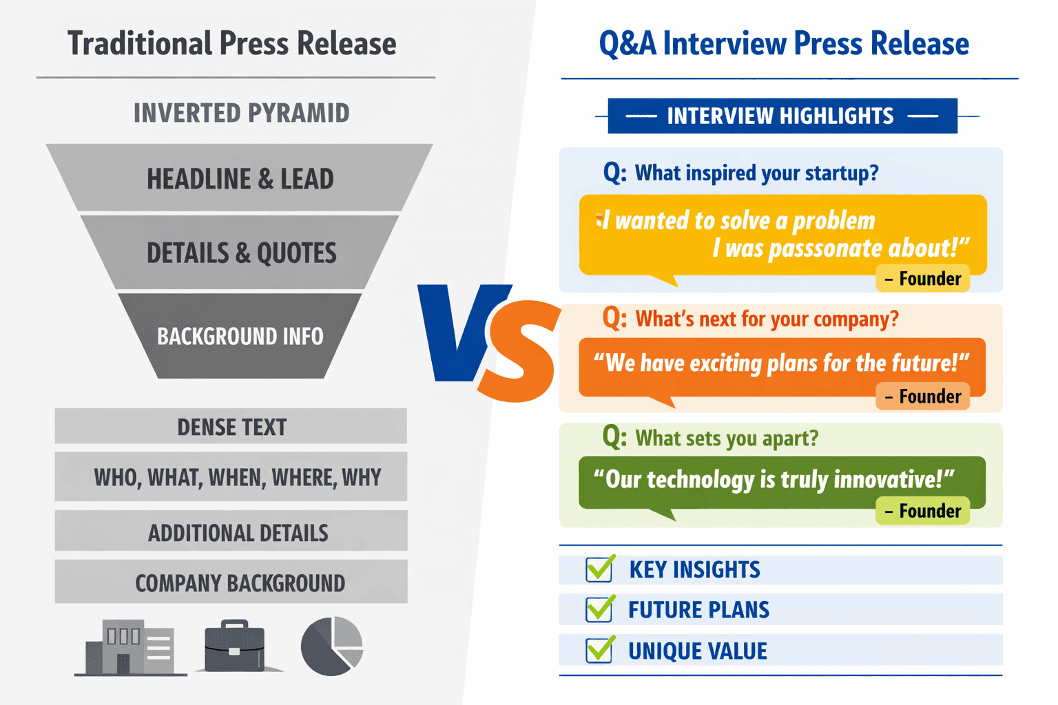 () illustration showing a side-by-side comparison of two press release formats: left side shows a traditional inverted