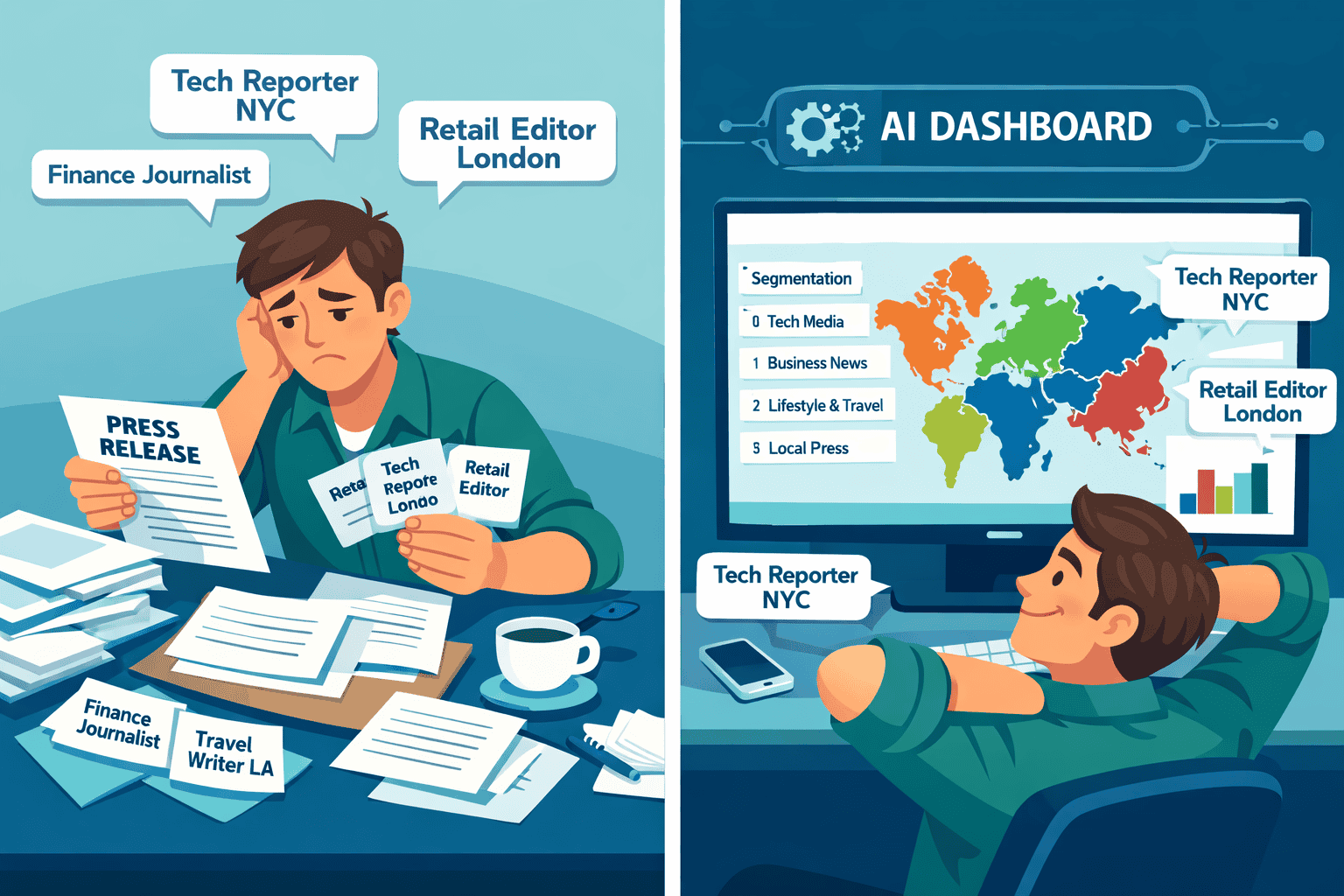 () editorial illustration showing a split-screen comparison: left side depicts a stressed small business owner manually
