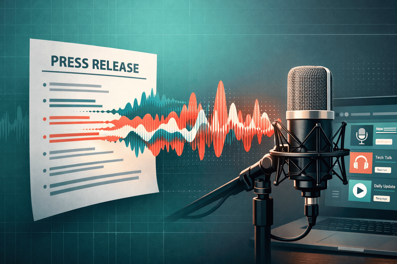 () editorial illustration showing a close-up of a press release document transforming into audio soundwaves emanating from a