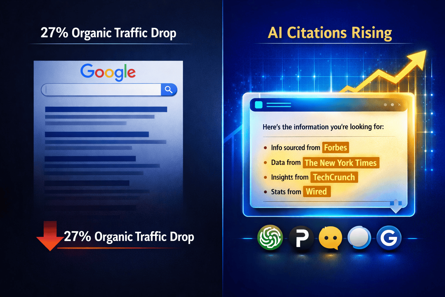 detailed () infographic-style illustration showing a split-screen comparison: left side displays traditional google search