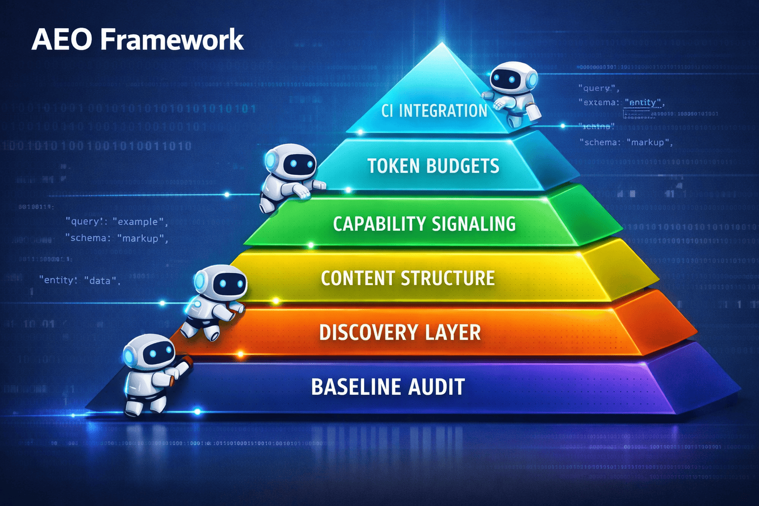 detailed () infographic-style illustration showing the six-layer aeo implementation stack as a glowing vertical pyramid with