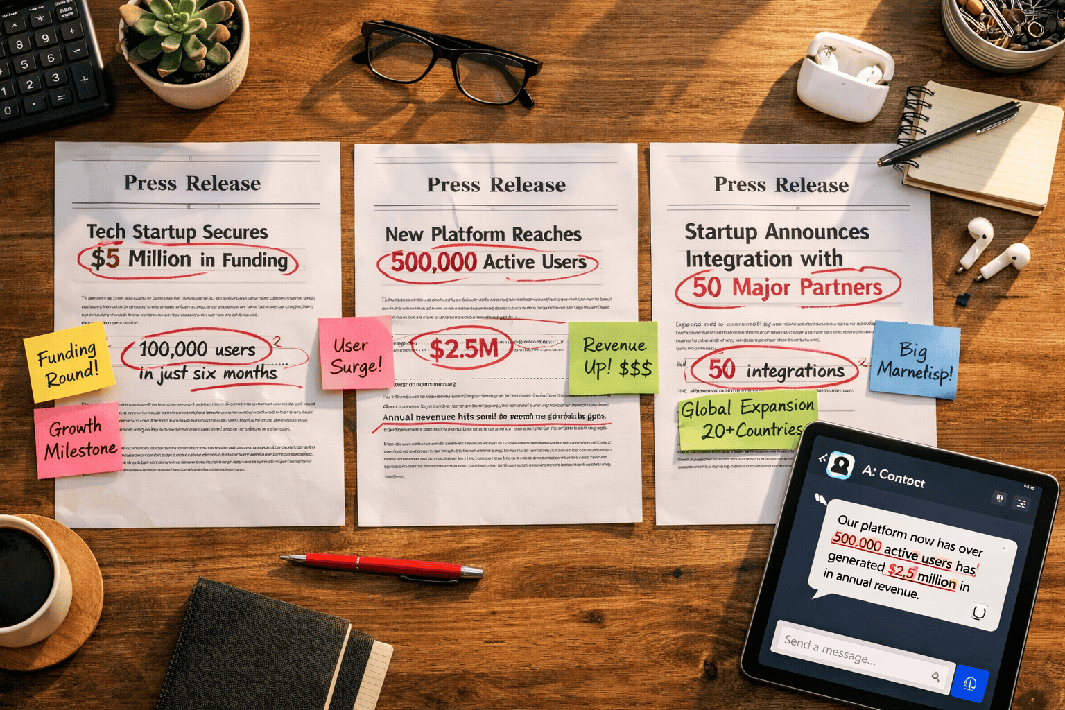 Execution-Focused Language in Startup Press Releases: Replacing Hype with Verifiable Milestones for Investor and AI Trust 2 detailed () overhead birds-eye view of a startup founder's desk with three printed press releases laid out side by side,