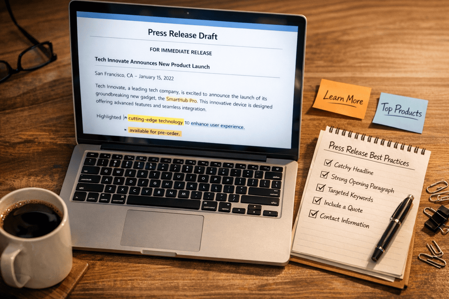 () showing a close-up overhead desk shot of a content strategist's workspace: open laptop displaying a press release draft
