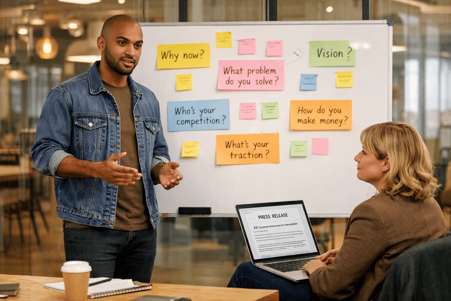 () image of a diverse startup founder rehearsing answers at a whiteboard covered in sticky notes with sample q&a questions