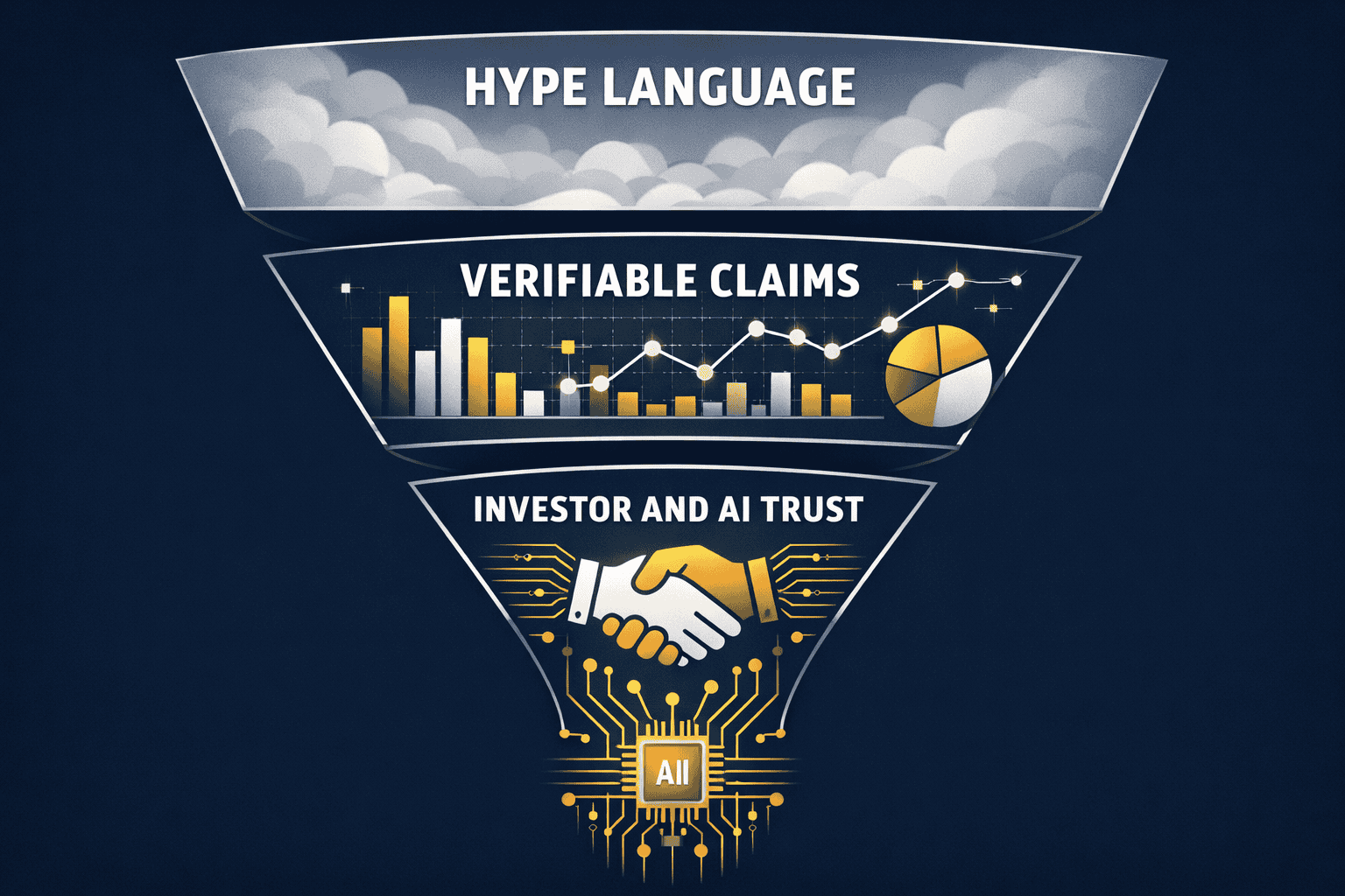 Execution-Focused Language in Startup Press Releases: Replacing Hype with Verifiable Milestones for Investor and AI Trust 3 detailed () conceptual infographic-style image showing a funnel diagram: at the top wide section labeled 'hype language'