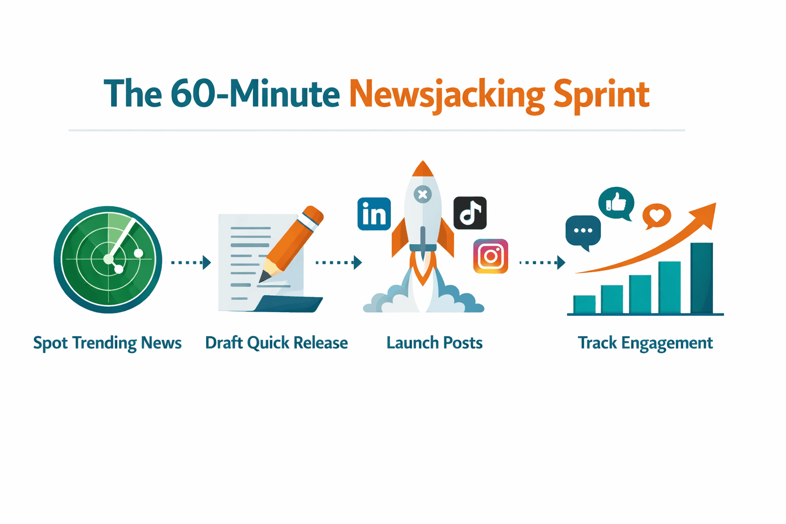 Short-Form Press Release Adaptations for Social Networks: Quick-Hit Formats for Startup Newsjacking and Alerts 3 () conceptual infographic-style image showing a horizontal timeline labeled 'the 60-minute newsjacking sprint' with four