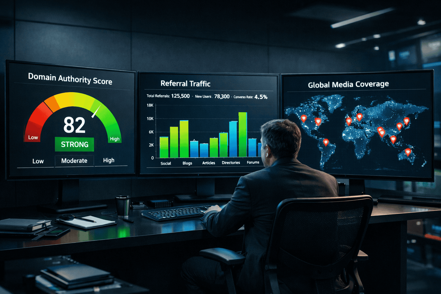 () wide-angle view of a modern analytics command center: three large monitors displaying domain authority score gauges,