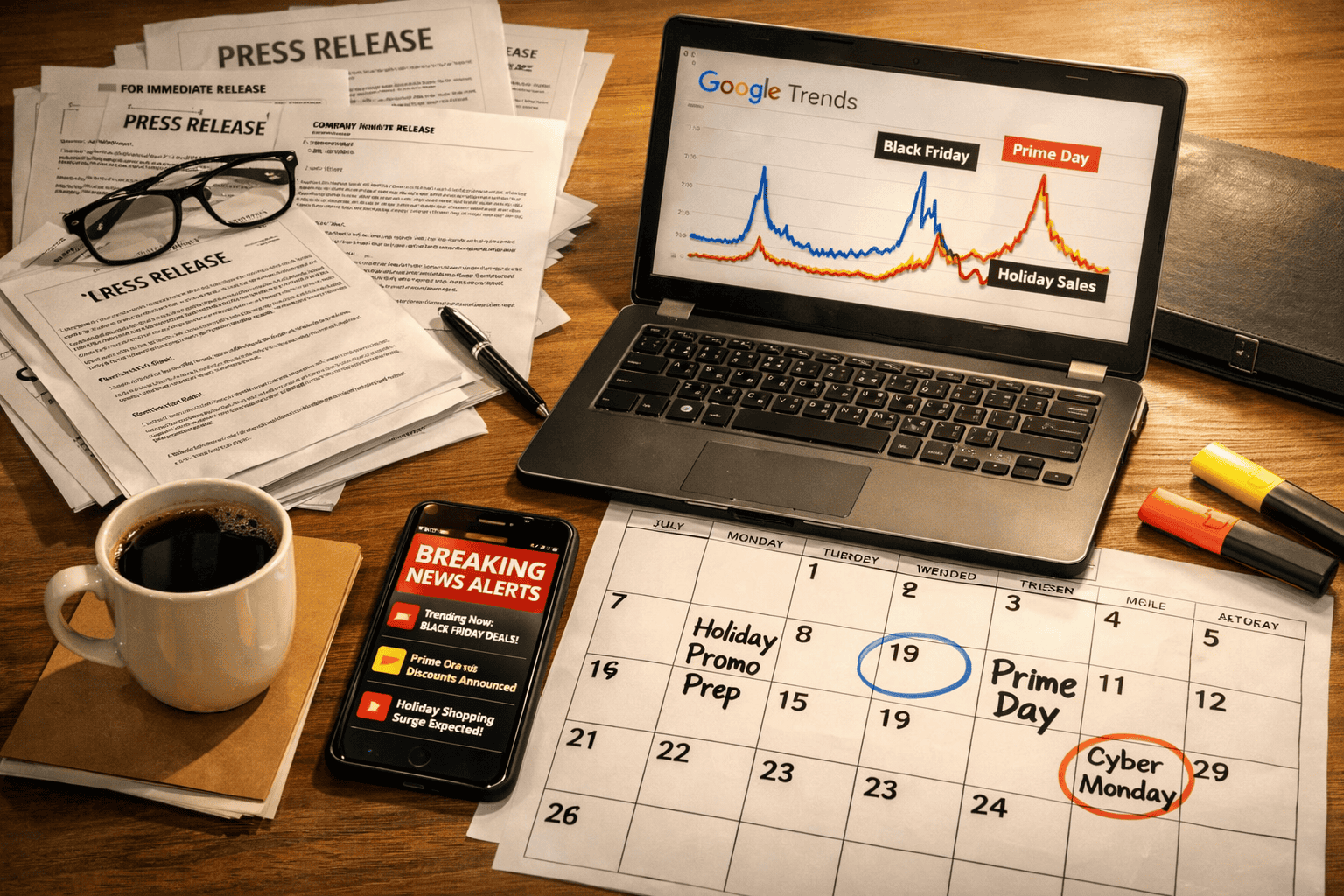 () bird's-eye view of a newsroom desk covered with printed press releases, a laptop showing google trends spikes, a