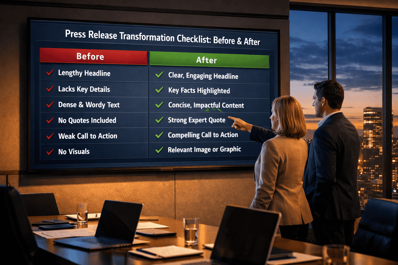 Execution-Focused Language in Startup Press Releases: Replacing Hype with Verifiable Milestones for Investor and AI Trust 4 detailed () image of a modern conference room where a digital wall display shows a before-and-after press release