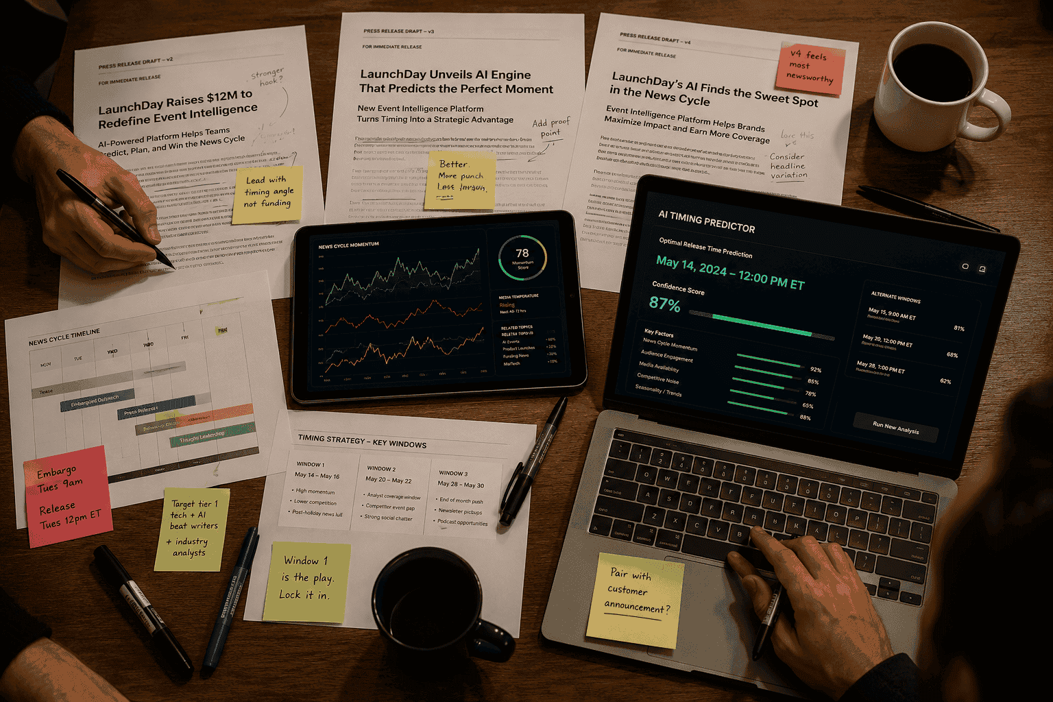 () overhead birds-eye view of a startup war room table covered with printed press release drafts, a tablet showing real-time