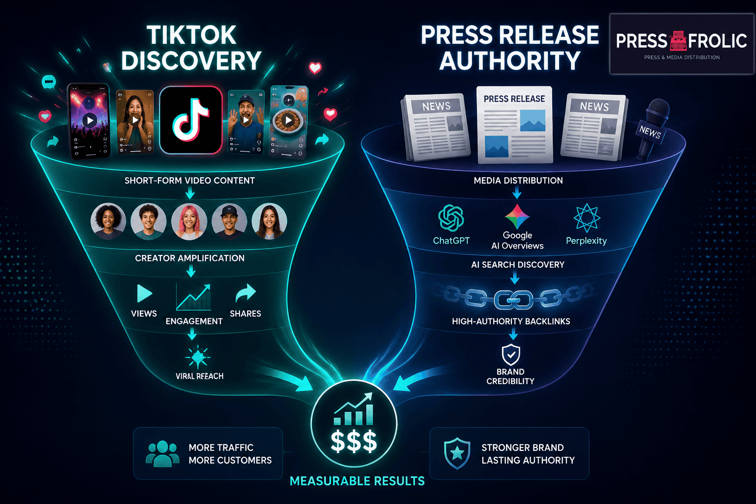 TikTok Press Release Masterclass for Startups: The Complete TikTok Product Launch Playbook for 2026 1 () editorial infographic showing a dual-funnel diagram: left funnel labeled 'tiktok discovery' with short-form video icons,