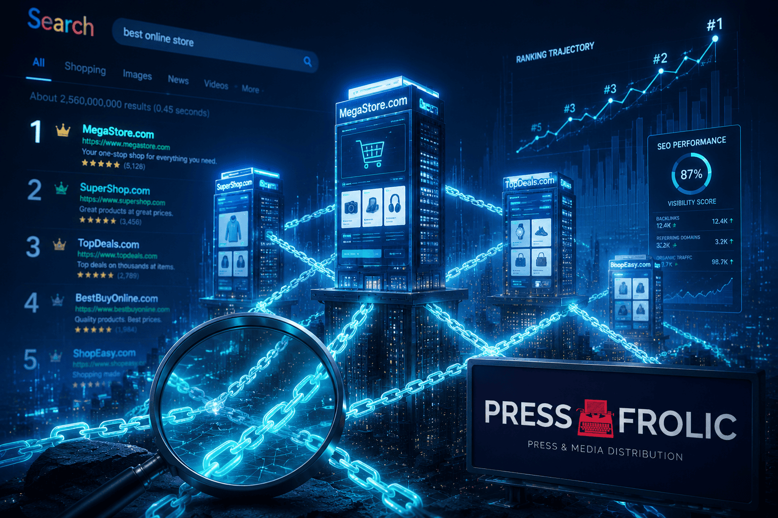 dramatic landscape visualization of digital marketing ecosystem showing ecommerce websites as towering skyscrapers,