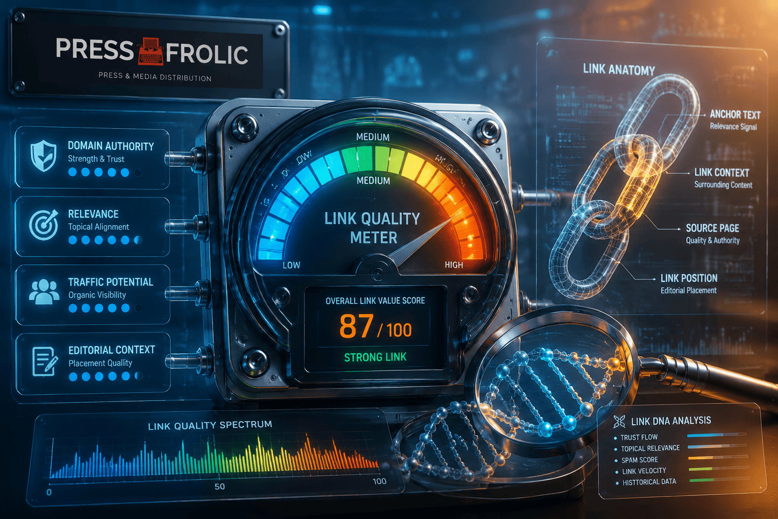 conceptual illustration depicting backlink value assessment, featuring a detailed digital 'link quality meter' with multiple